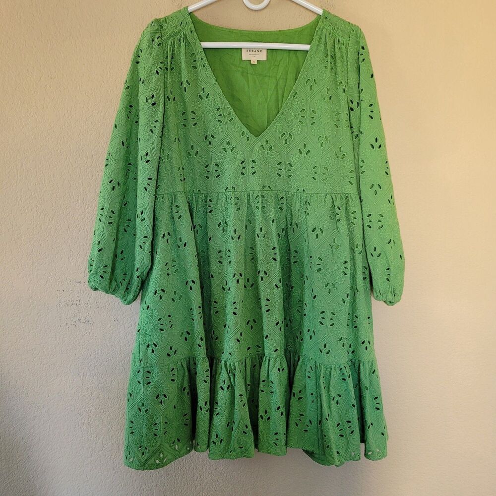 Sezane Green Eyelet Midi Dress